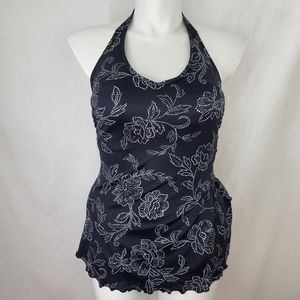 Jantzen Black White 1 PC BATHING SUIT Womens Size 16 Floral Dots Halter QVC NWT
